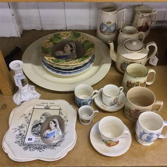 Tunbridge Wells souvenir candlestick, quantity of Royal Commemorative ceramics, large circular creamware platter, etc.